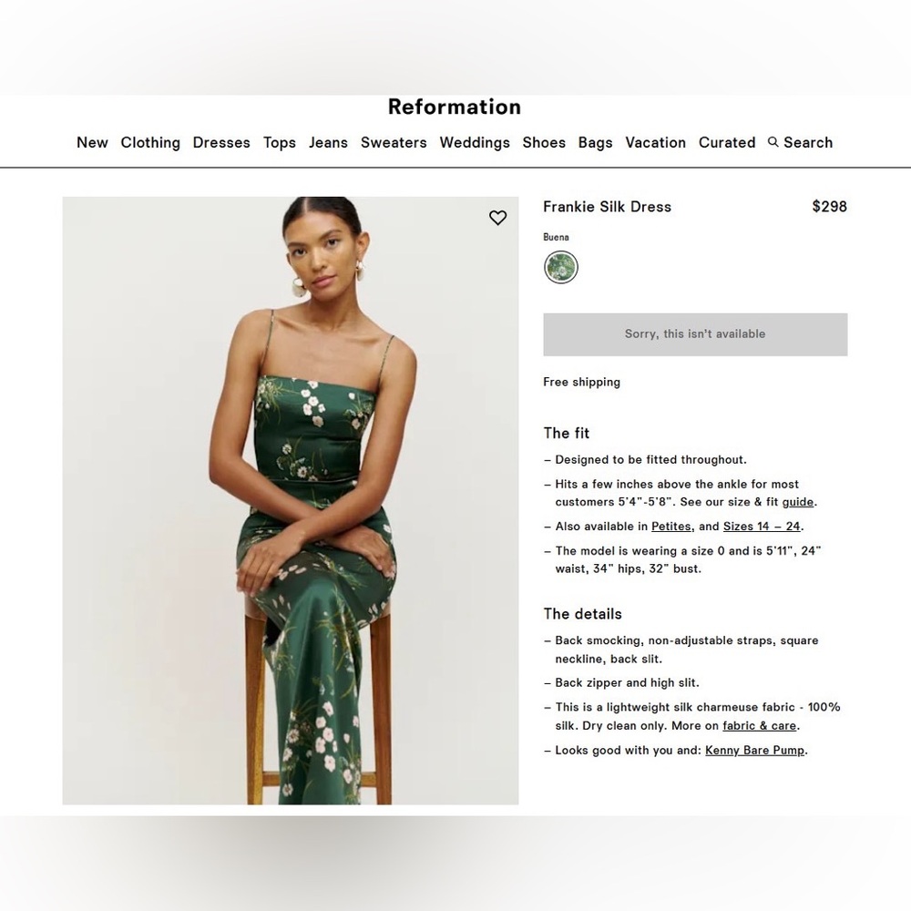 Reformation Frankie Silk Dress Size 2 only worn once! SOLD OUT ONLINE